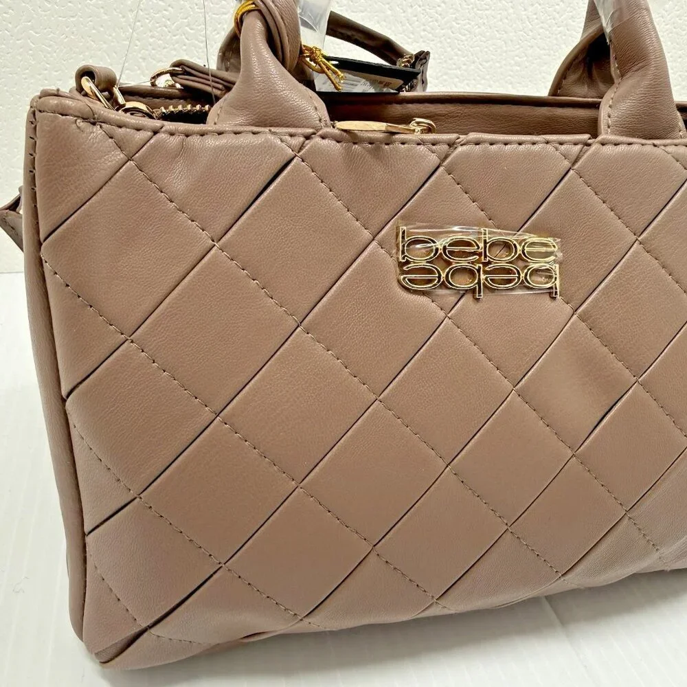 Bebe Everett Small Satchel Taupe Quilted Crossbody Handbag Purse NWT Wome